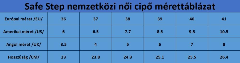 Safe Step női cipő mérettáblázat
